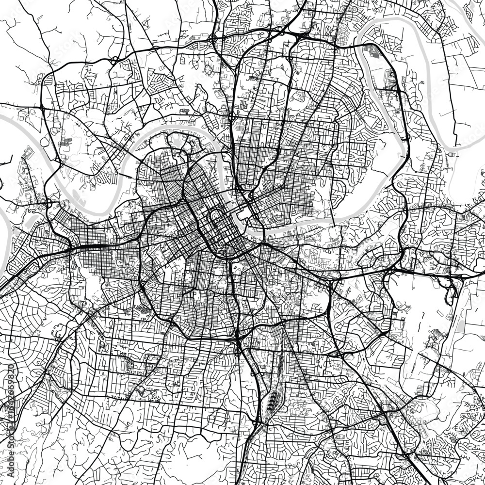 Naklejka premium Nashville City Map Art Print Sleek Urban Grid Wall Decor in Refined Monochrome with Modern Blueprint Aesthetic in White and Black. 