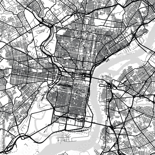 Philadelphia City Map Art Print Sleek Urban Grid Wall Decals in Refined Monochrome, White and Black Blueprint Inspired Minimalist Designs, Modern Cartographic Aesthetics for Any Room.