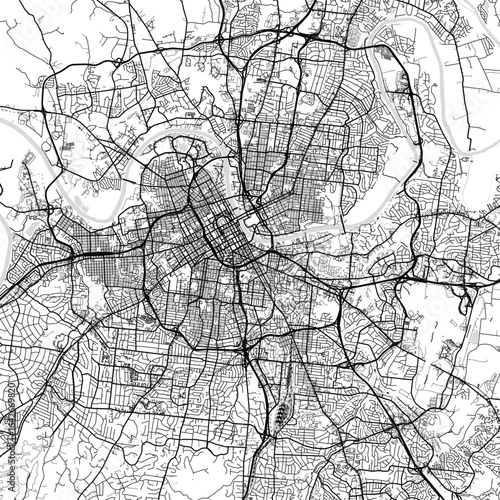 Nashville City Map Art Print Sleek Urban Grid Wall Decor in Refined Monochrome with Modern Blueprint Aesthetic in White and Black.                                                  