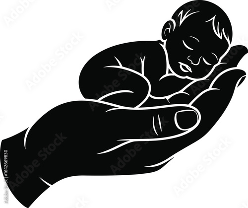 Silhouette of hand holding sleeping baby, black and white newborn care concept, peaceful infant in palm, parental protection, nurturing love, minimalist art.