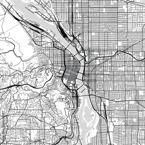 Portland City Map Art Print Elegant Monochrome Urban Grid Wall Decors in White and Black, Featuring Sleek Cartographic Linework and Refined Modern Blueprint Aesthetics for a Timeless Look.
