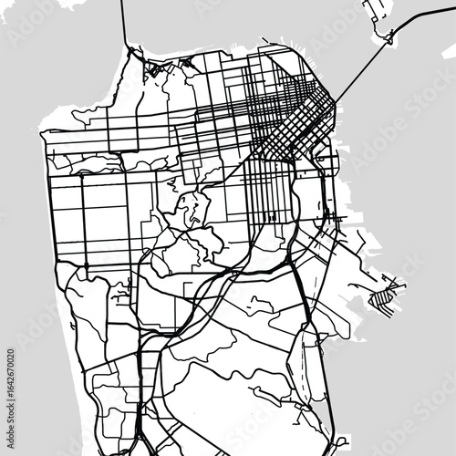 San Francisco City Map Art Print Sleek Urban Grids in Refined Monochrome: Modern Blueprint Wall Decor in White and Black Tones Featuring Slim Linework and Neutral Cartographic Style.