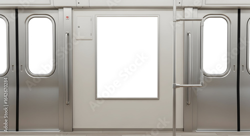 Fototapeta Naklejka Na Ścianę i Meble -  Interior View of a Modern Subway Car with Blank Advertising Space and Stainless Steel Doors, Perfect for Mockups or Urban Transportation Themes