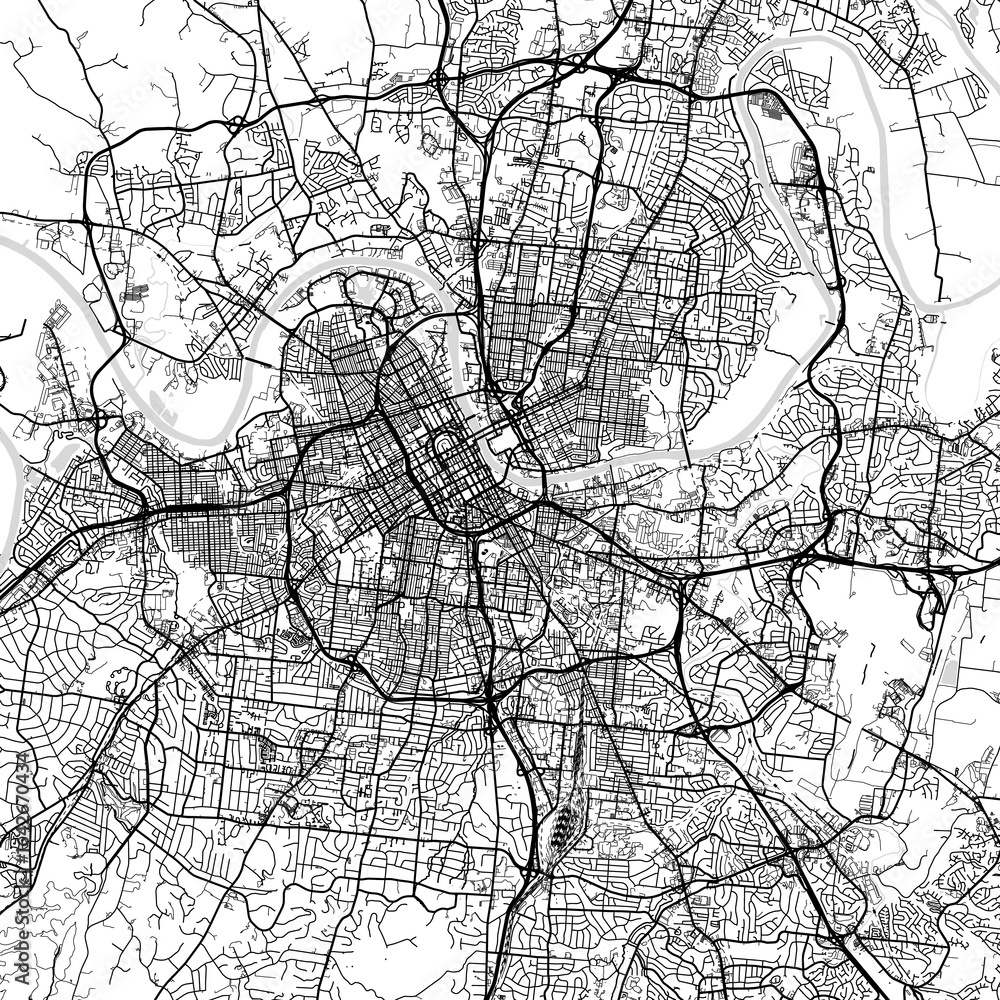 Obraz premium Nashville City Map Art Print Sleek Urban Grid Wall Decor in Refined Monochrome with Modern Blueprint Aesthetic in White and Black.