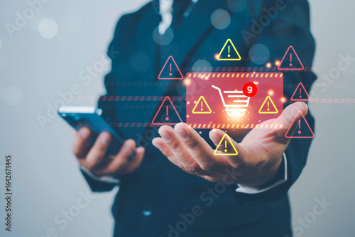 Safety Concepts for Online Shopping, Security alert from scammers. Alert of secure online shopping concept, Warning and danger sign, scam and thief in cybersecurity.