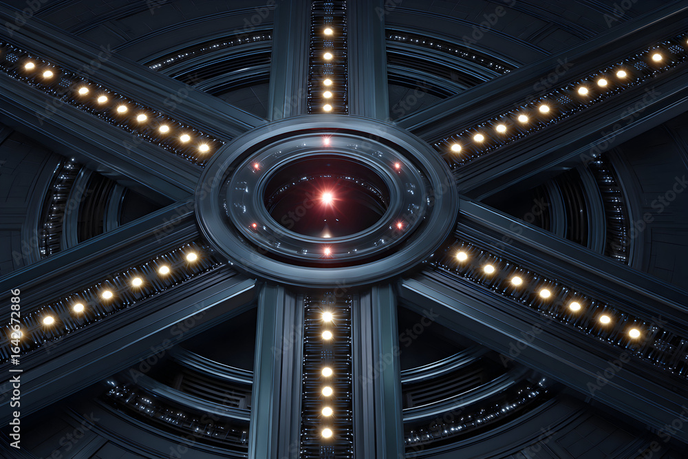 Fototapeta premium Geometric Innovation: An industrial space marvel, highlighting a central, illuminated core, embraced by intricate mechanical elements and precise symmetric arrangements.