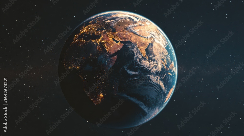 Naklejka premium Detailed View of Earth from Space Highlighting Continents and Cities