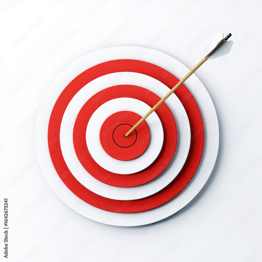Arrow hitting the bullseye on a red and white target Arrow hitting the bullseye on a red and white target
