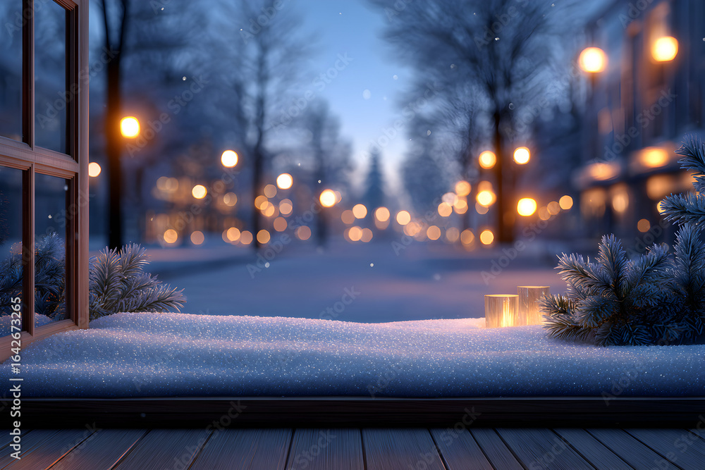 Obraz premium Snowy winter landscape seen from window: View from a window to winter landscape at a calm snowy evening, decorated by the warm lights that invite people to come.