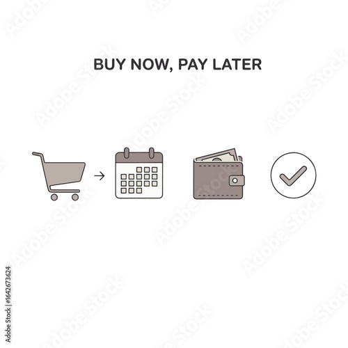 Buy now pay later concept vector illustration. Infographic of online shopping with a deferred payment plan using icons.