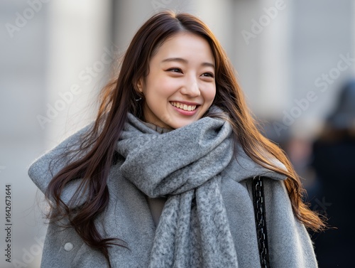 Obraz na płótnie グレーのコートとマフラーを着た笑顔の日本人女性