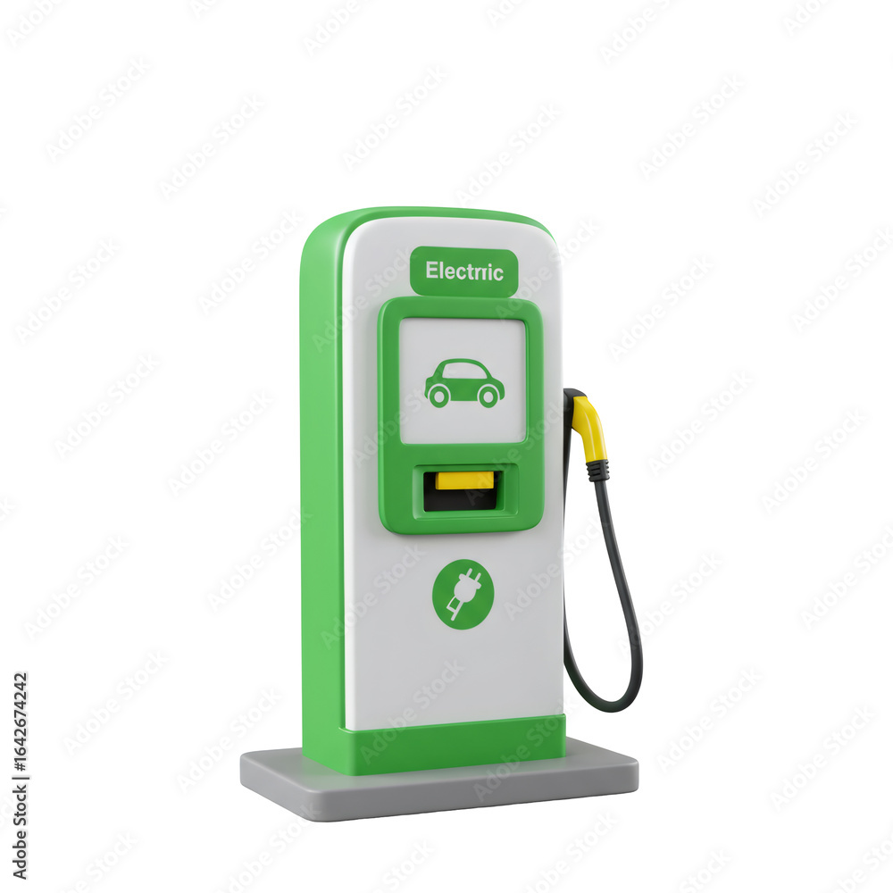 Fototapeta premium Isolated Green and White Electric Car Charging Station with Yellow Plug on Transparent