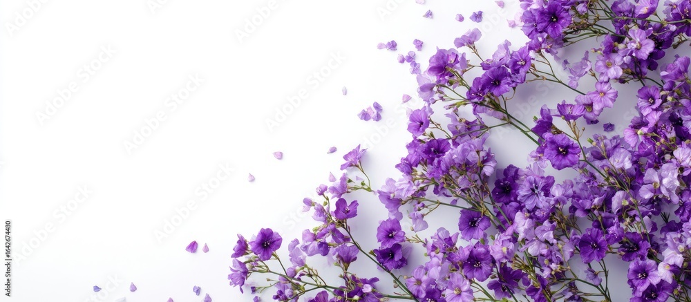 Delicate purple flowers arranged in a corner on a white background Delicate purple flowers arranged in a corner on a white background