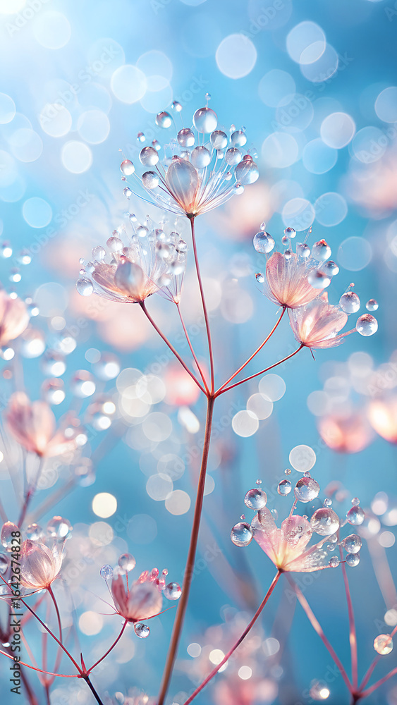 Obraz premium Delicate translucent flower petals adorned with sparkling water droplets against a soft blue and pink bokeh background creating a magical and ethereal atmosphere