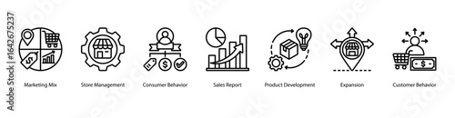 Retail and Product Strategy web banner icon vector illustration featuring Marketing Mix, Store Management, Consumer Behavior, Sales Report, Product Development, Expansion, and Customer Behavior.