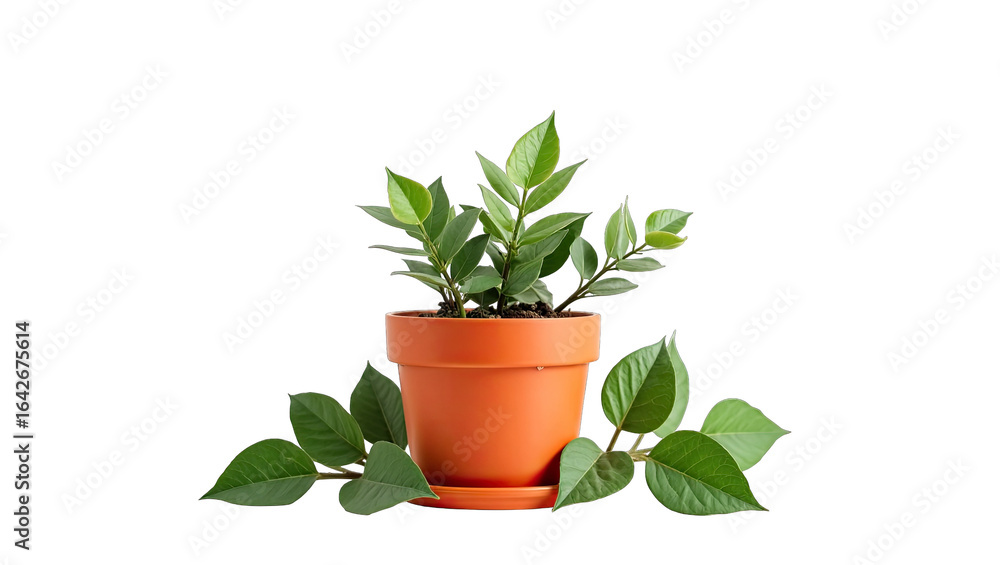 Obraz premium Terracotta pot with a small plant and fresh leaves.