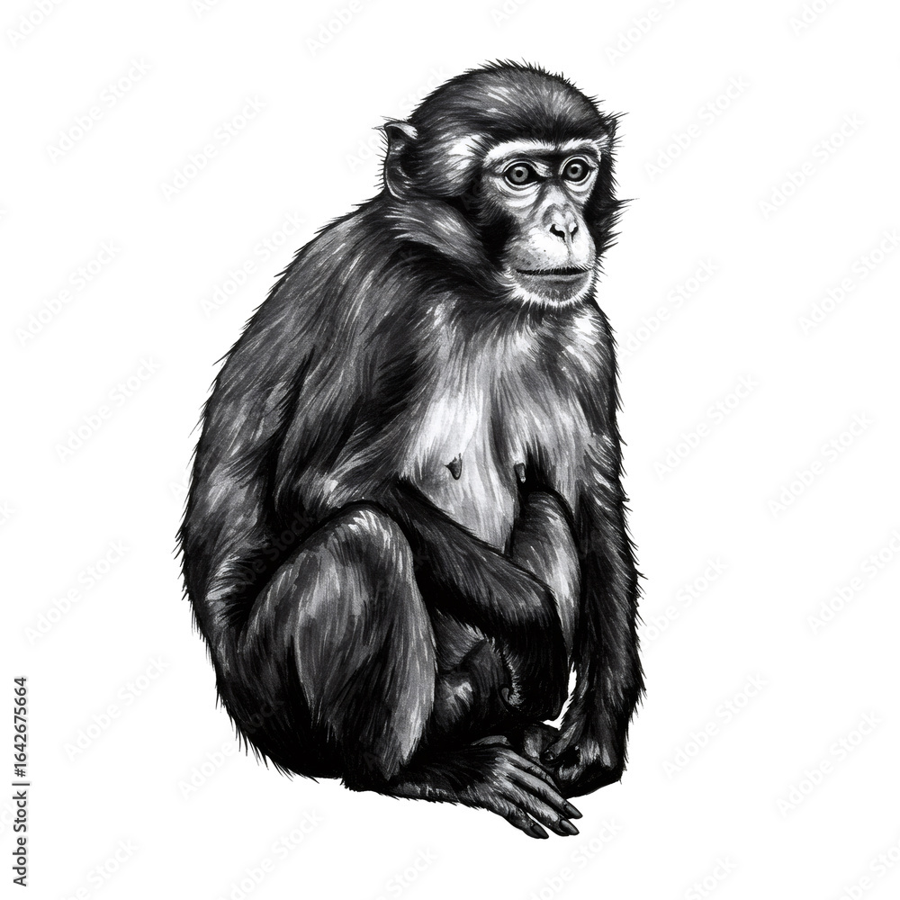 Fototapeta premium Detailed Black and White Drawing of a Seated Monkey with Fur on Transparent