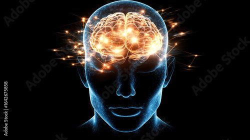 A human head with a glowing brain and interconnected neural pathways, representing mental awareness.