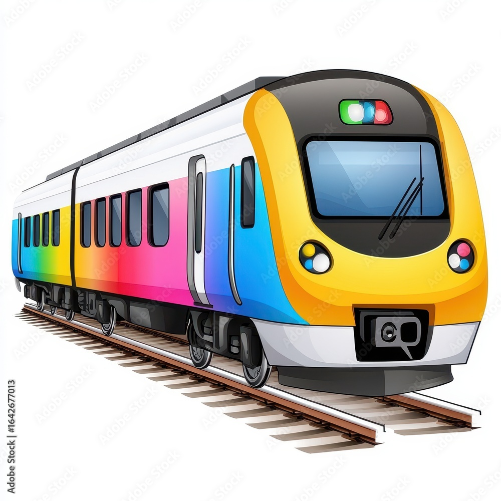Naklejka premium Modern Colorful Commuter Train on Tracks, Rainbow Design, White Background