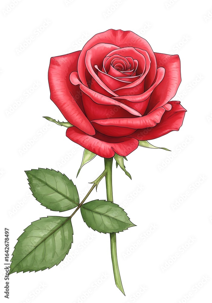 Fototapeta premium Vibrant Red Rose Illustration with Green Leaves and Stem