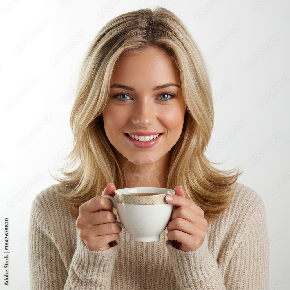 Young Woman Holding A Cup Of Tea And Smiling, Cozy Clothing, White Background Young Woman Holding A Cup Of Tea And Smiling, Cozy Clothing, White Background