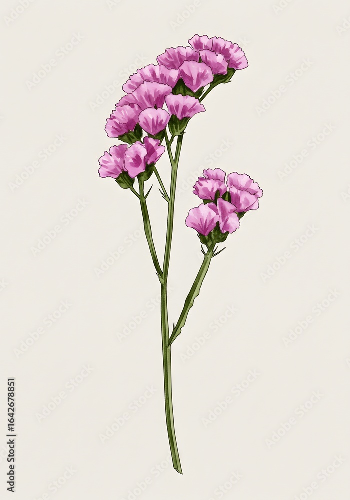 Fototapeta premium Watercolor illustration of a single pink Limonium flower stem with delicate blooms against a neutral background.