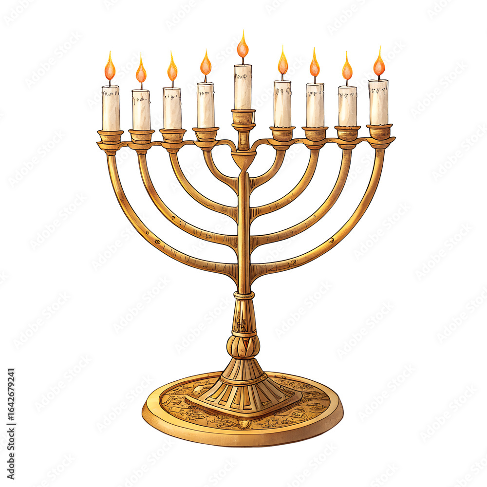 Fototapeta premium A gold-colored nine-branched menorah used in Hanukkah. All nine candles are lit, with the central one elevated. It rests on a decorative base and symbolizes the Jewish tradition celebrating.