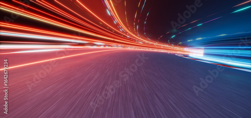 3d rendering fast speed lights trails racing on highway at night