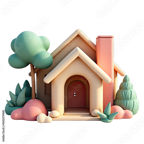 Cartoon style house with trees and plants.