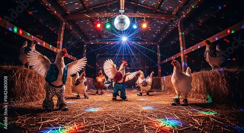 Whimsical barnyard scene with illuminated disco ball and festive colorful lights illuminating hanging poultry and hay bales