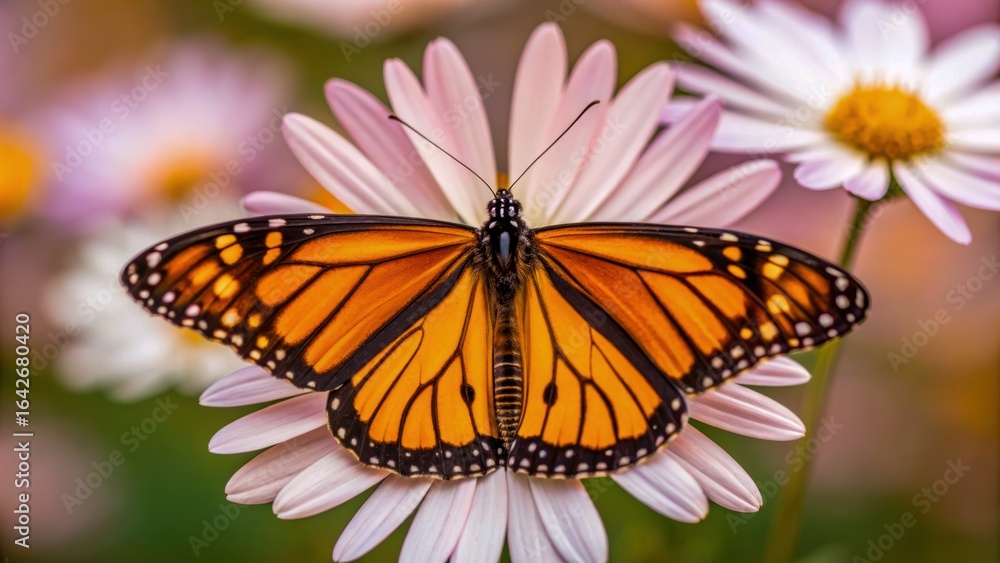 Fototapeta premium Vibrant butterfly rests gracefully on delicate flowers, showcasing beauty of nature and joy of flower identification in meadows