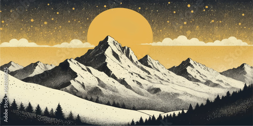 A cold, high-angle panoramic view of an alpine mountain range with snow-covered peaks, glaciers, and a cloudy winter sky