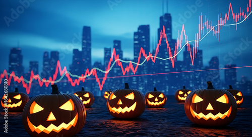 Fototapeta Naklejka Na Ścianę i Meble -  Halloween pumpkins with stock market graph in the background at night