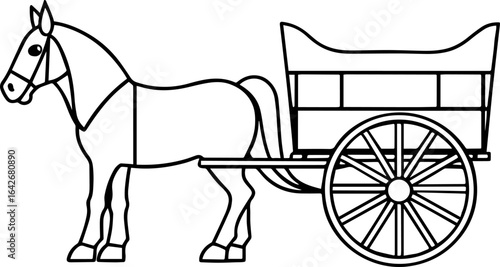 Horse cart black outline vector and illustration, coloring book page