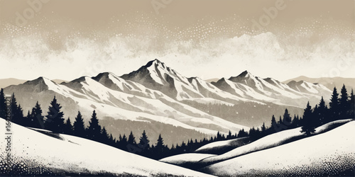 High alpine peaks and snowy mountain landscapes in the fog
