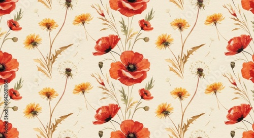 Watercolor Floral Pattern: Red Poppies Dandelions and Beige Background.