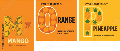 Mango Orange Pineapple Fruit Alphabet.