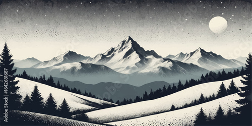 Snow-covered winter landscape with towering mountain peaks under a clear sky