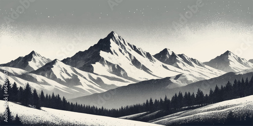 Morning winter panorama of snowy mountain peaks in the Alps