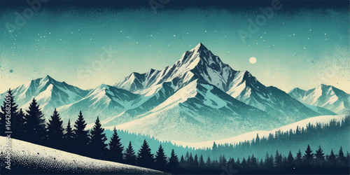 Mountain peaks and snowy forests create a scenic winter landscape under a cloudy sky