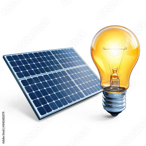 Solar panel connected to a glowing light bulb, representing clean energy flow, on transparent background