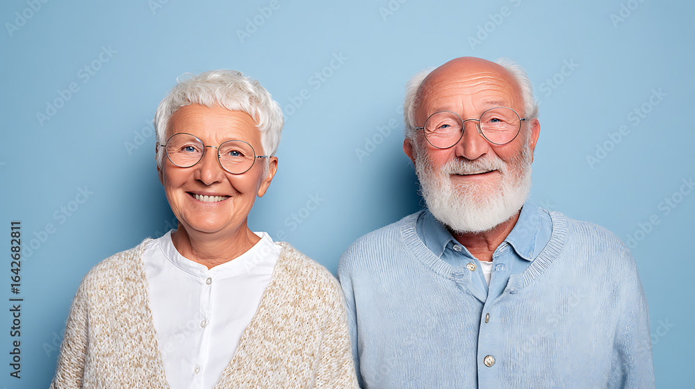 Happy elderly couple smiling together against a blue background, showcasing joy and companionship Happy elderly couple smiling together against a blue background, showcasing joy and companionship