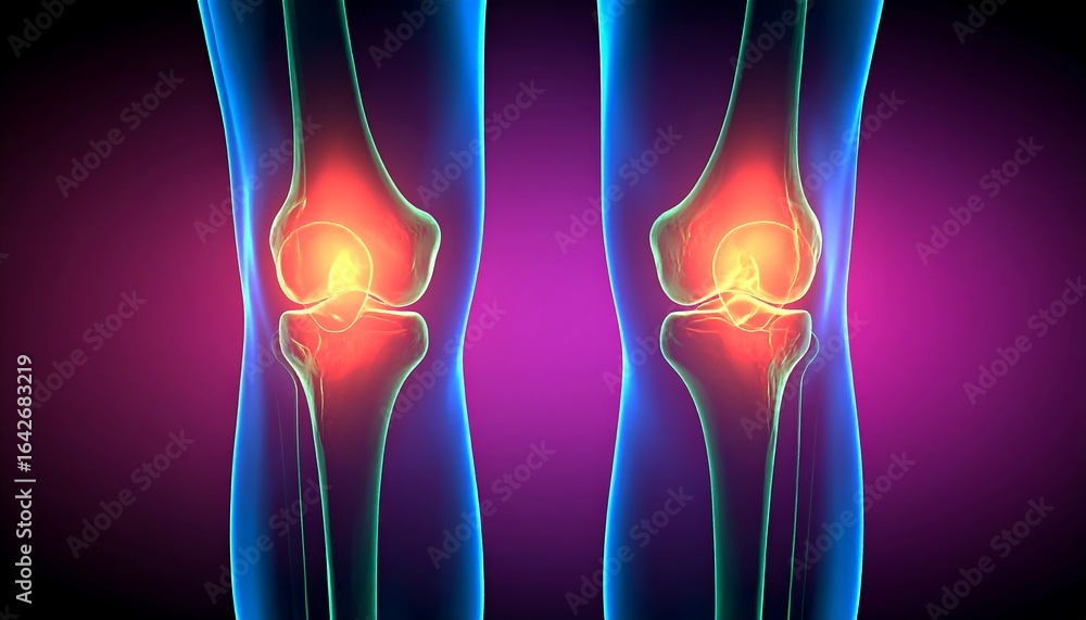 Naklejka premium 3D anatomical rendering of two human knees, highlighting the joint structures with vibrant colors