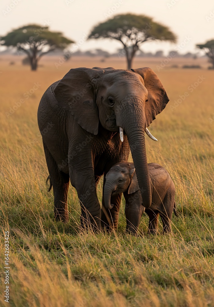 Naklejka premium Elephant mother with calf in African savanna