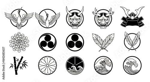Japanese crests with mon, icons, vector, and set.