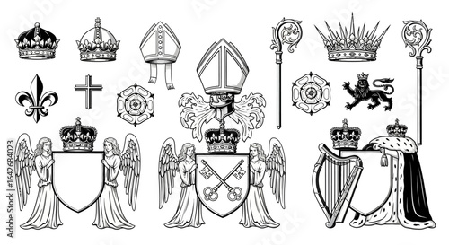 Heraldic elements set with vintage vector line art.