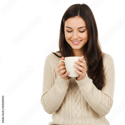 Young Woman Holding A Cup Of Tea And Smiling, Cozy Clothing, White Background