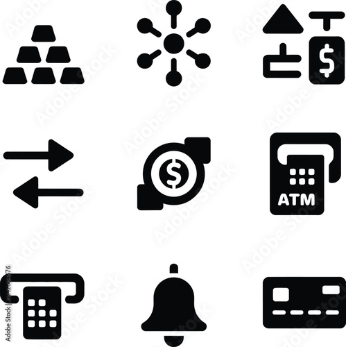 Nine black icons related to finance and banking on white background gold bullion
