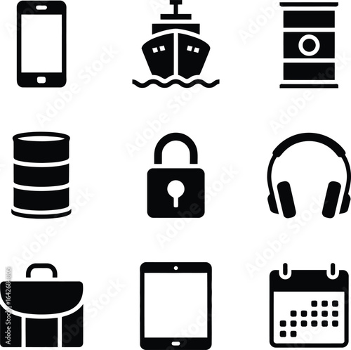Nine icons representing technology, transport, and security on white background collection