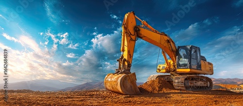 Excavator on a construction site under a dramatic sky